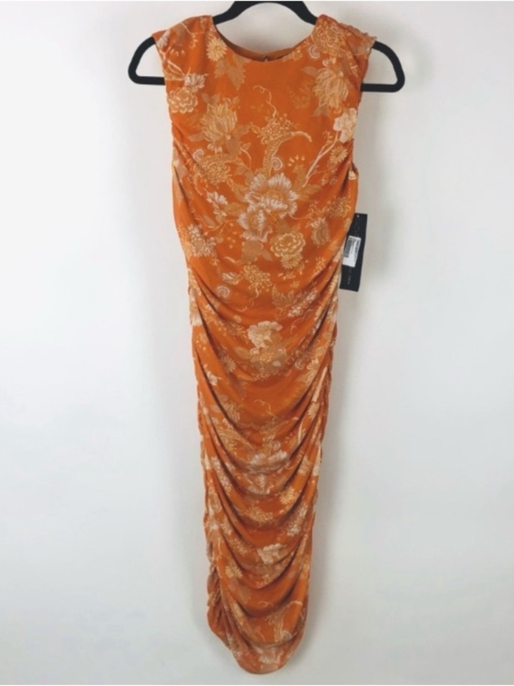 RACHEL ROY Floral Orange Ruched Midi Dress